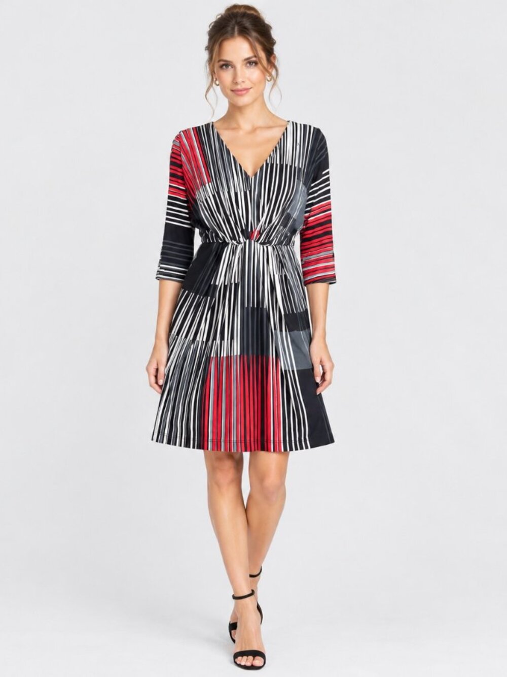 Trina Turk Women's 2 Red Black White Striped V Neck Fit & Flare Dress Stunning